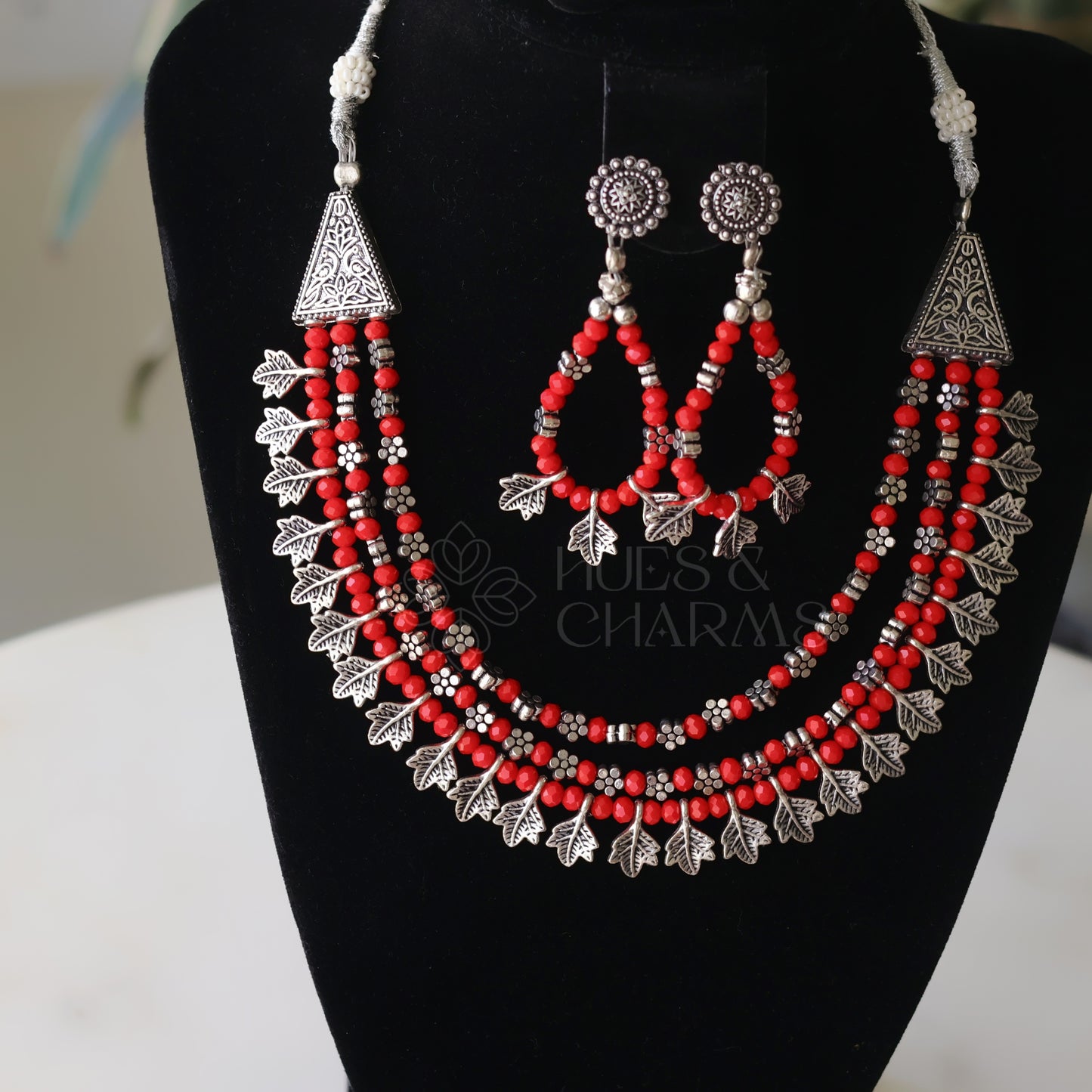 OXIDIZED 3 LAYER RED NECKLACE SET