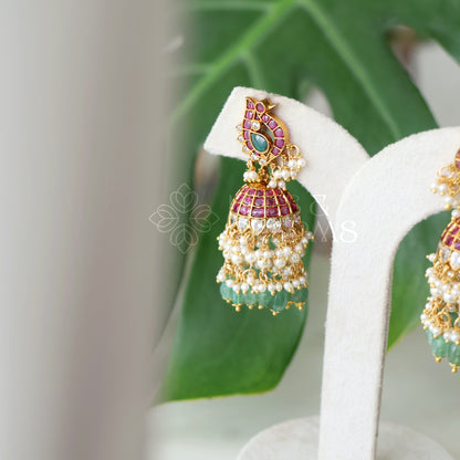 GOLDEN STATEMENT MAYURLEKHA KUNDAN KEMP JHUMKA WITH PEARLS | PREMIUM JEWELLERY