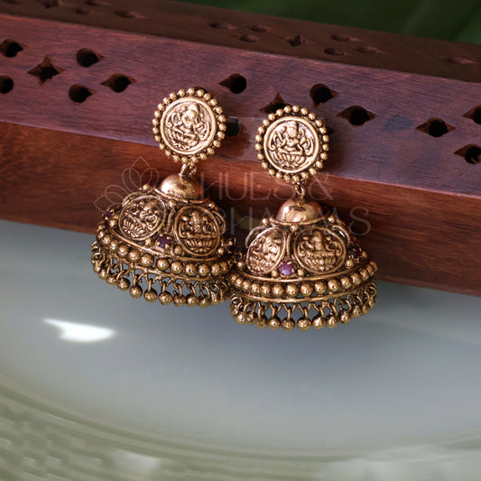 ANTIQUE LAKSHMI COIN JHUMKA (IDOL VERSION)| GOLD PLATED