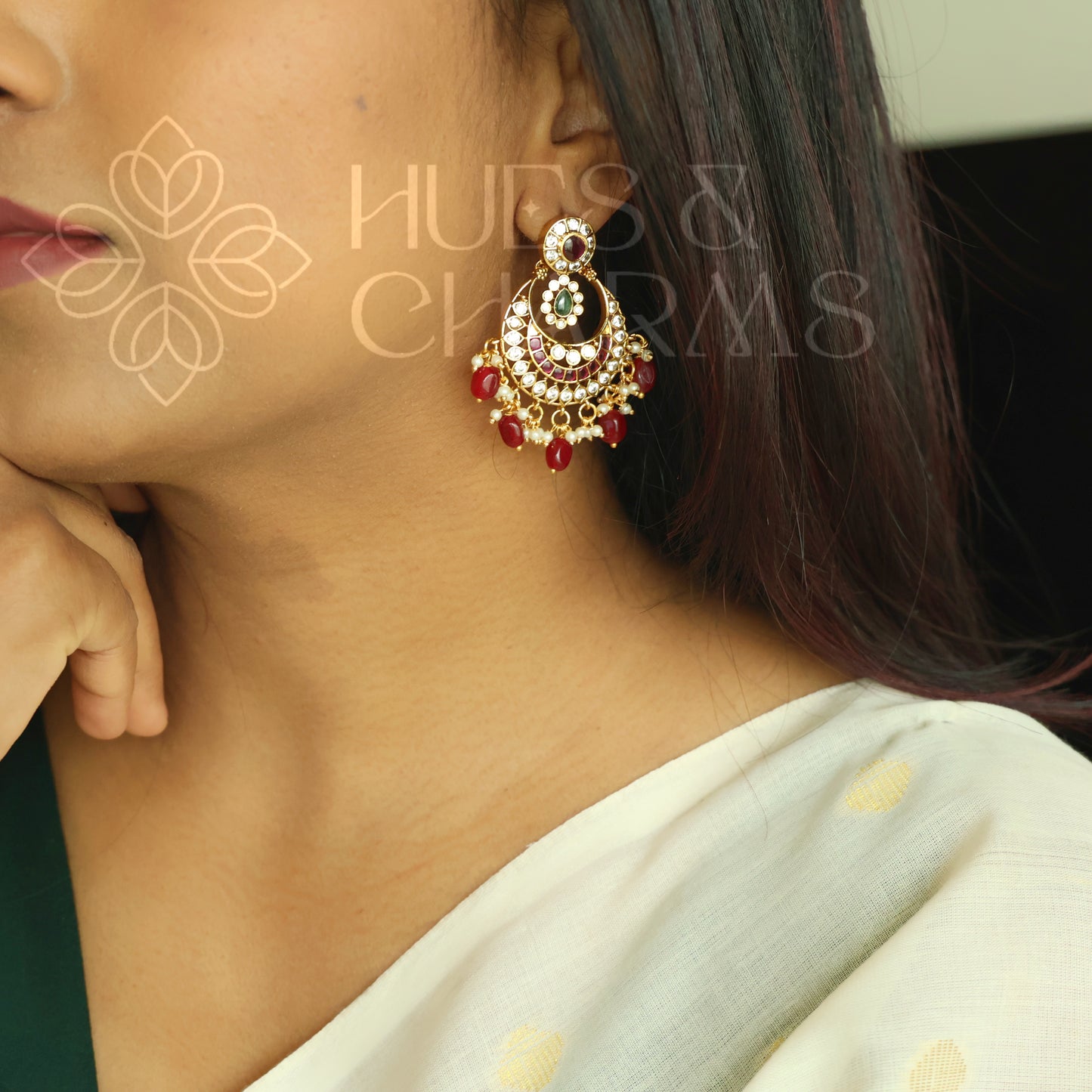 GOLDEN SAMYUKTA KEMP CHANDBALI EARRINGS| PREMIUM JEWELLERY (Colours available)