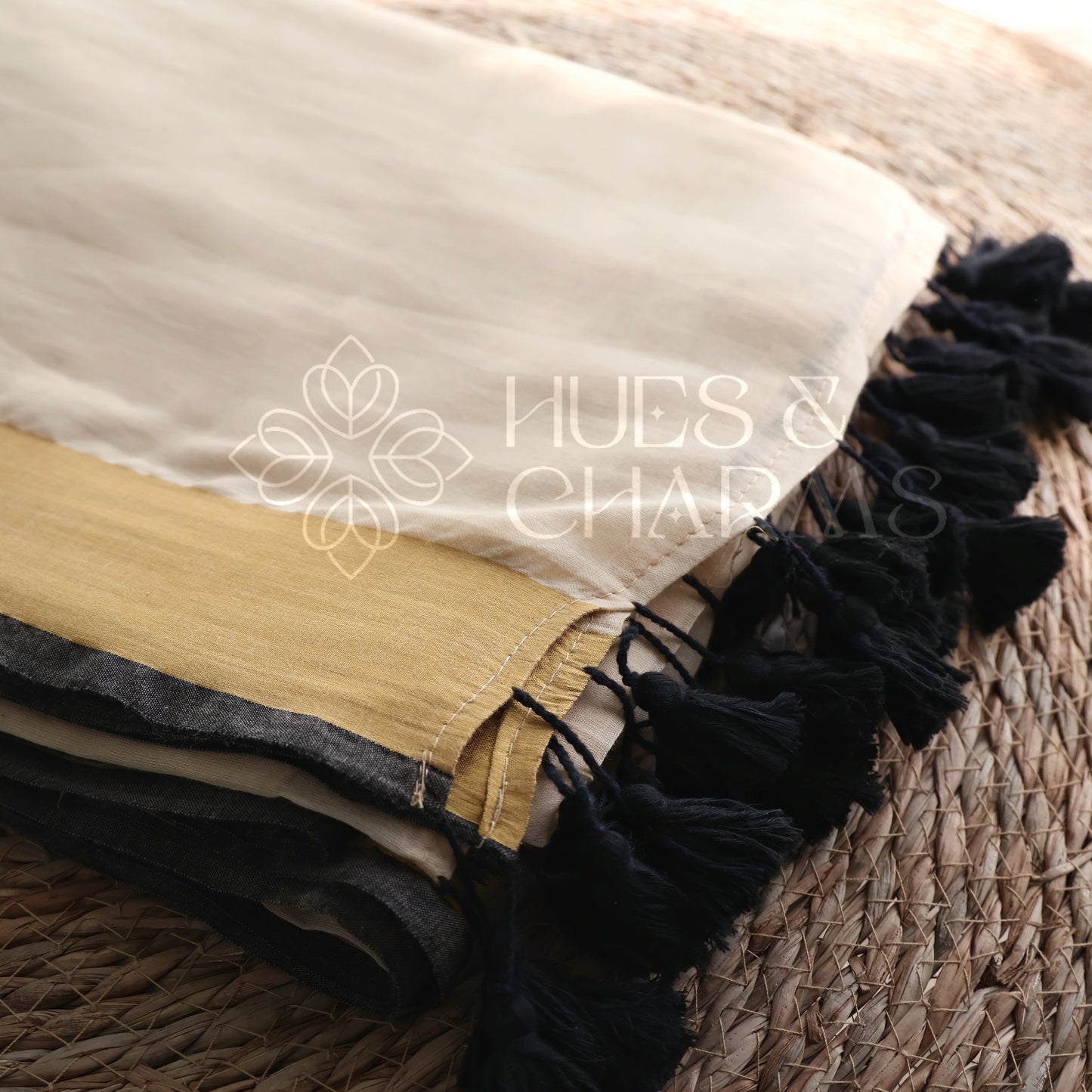PURE MUL COTTON SAREE  - BLACK TULIP (MUD WHITE)
