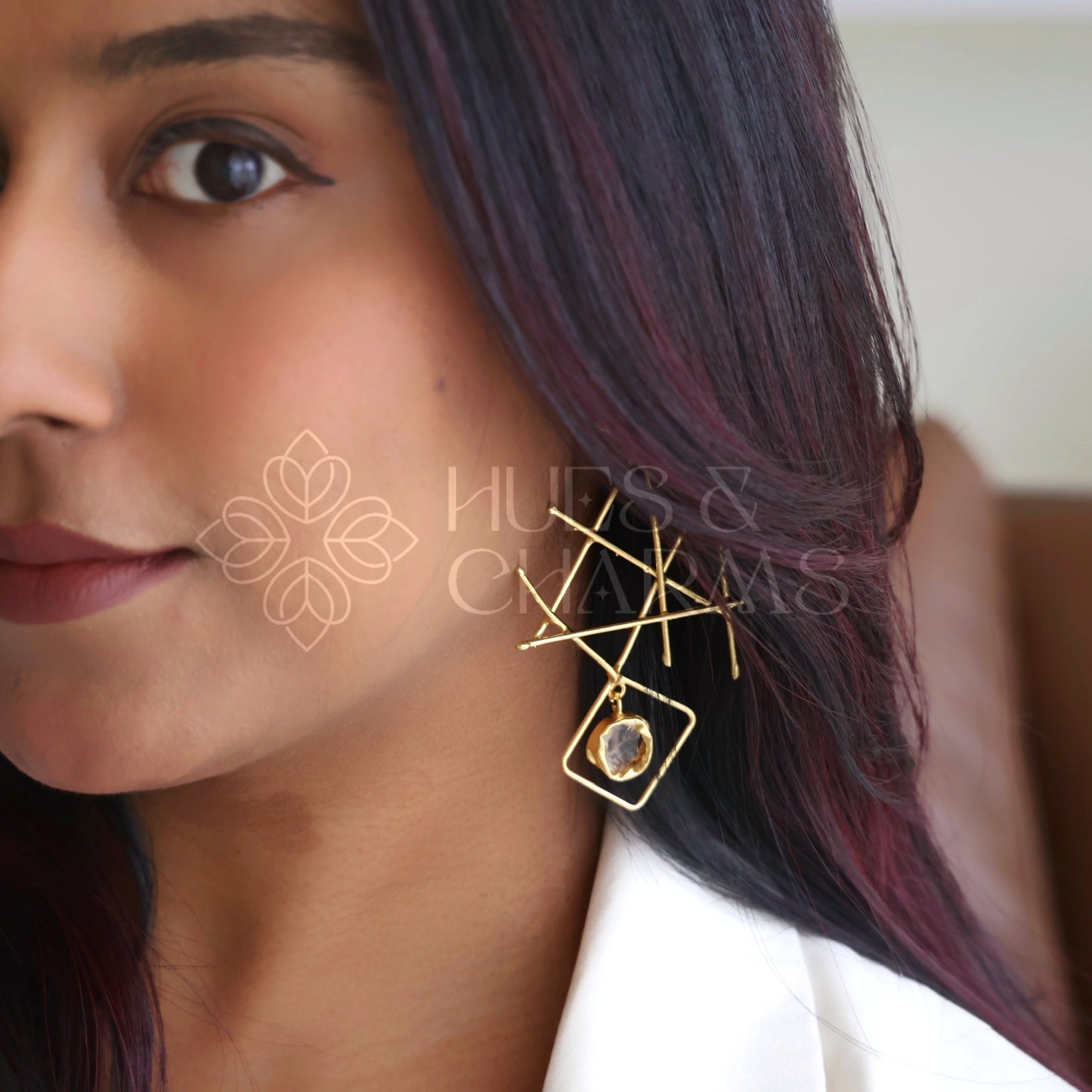 GOLDEN RAW STONE GRID DROPS EARRINGS (Colours available)