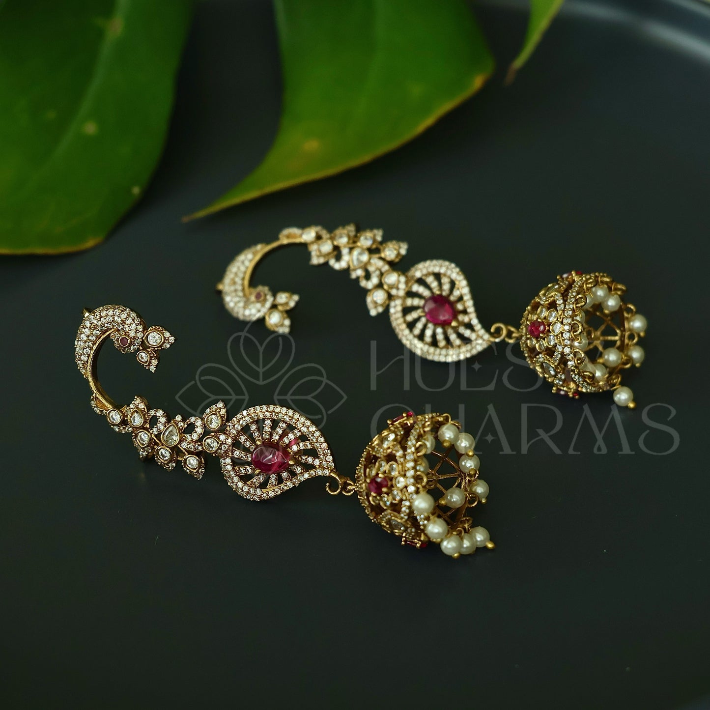 STATEMENT MAYURA AD EAR CUFF JHUMKA WITH PEARLS ( Colours available)|Premium jewellery