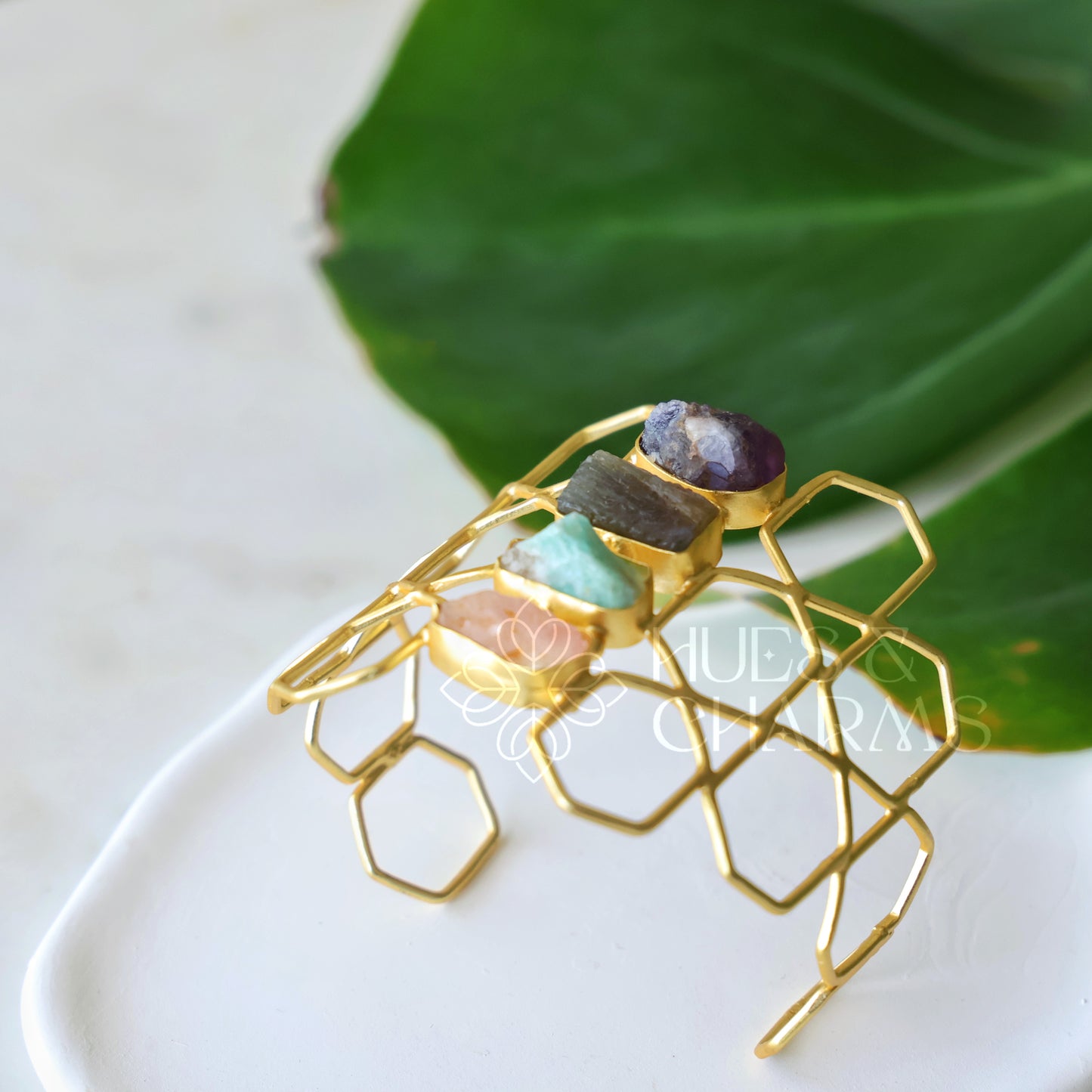 GOLDEN PRISMA RAW STONE CUFF ADJUSTABLE BANGLE(COLOURS AVAILABLE)
