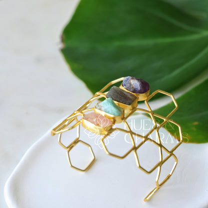 GOLDEN PRISMA RAW STONE CUFF ADJUSTABLE BANGLE(COLOURS AVAILABLE)