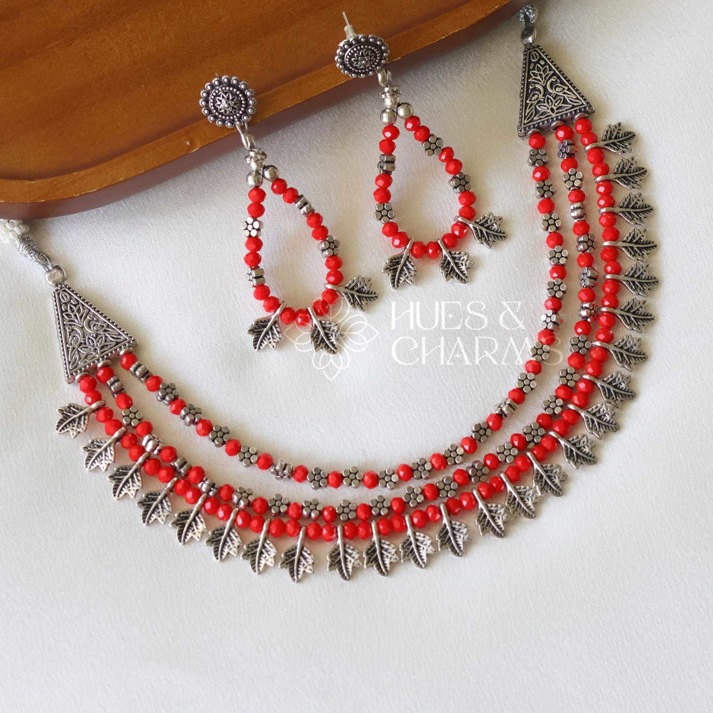 OXIDIZED 3 LAYER RED NECKLACE SET