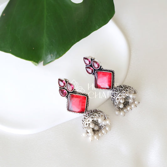 OXIDIZED 3 DROP JHUMKA EARRINGS WITH CLUSTER PEARLS
