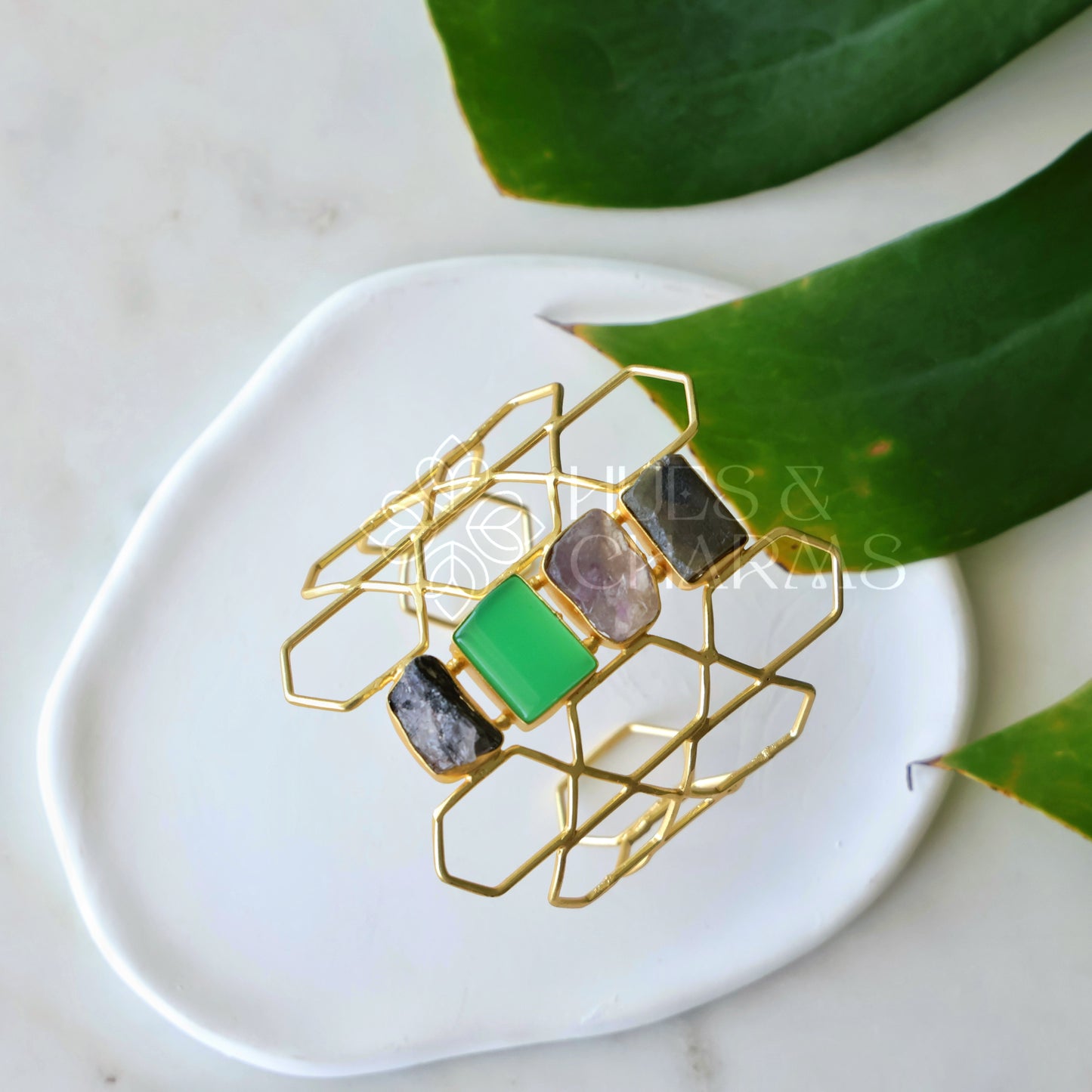 GOLDEN PRISMA RAW STONE CUFF ADJUSTABLE BANGLE(COLOURS AVAILABLE)