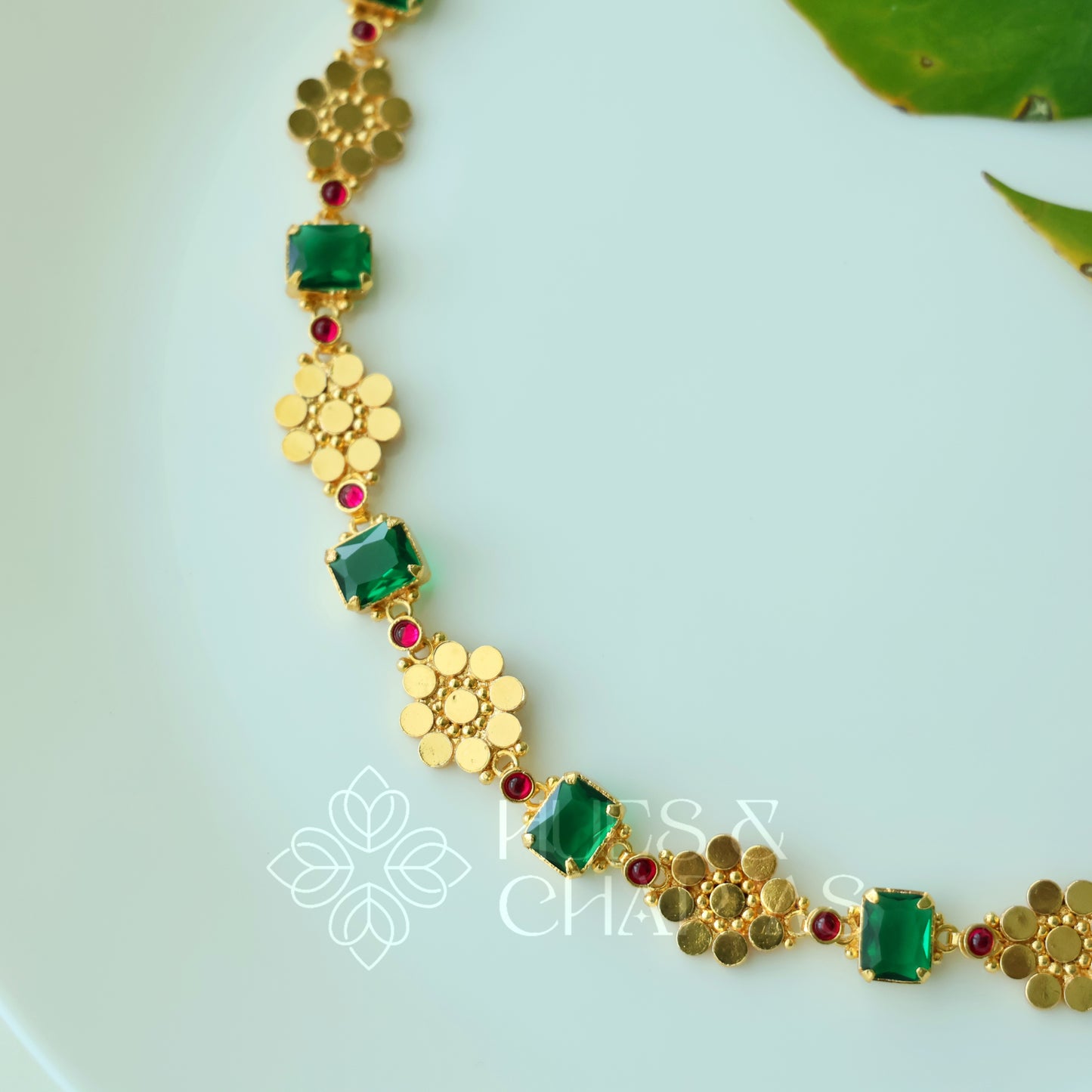 TRADITIONAL PUSHPA EMERALD AND RUBY DETAILED NECKPIECE | PREMIUM GOLD PLATED