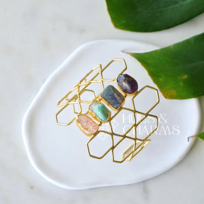GOLDEN PRISMA RAW STONE CUFF ADJUSTABLE BANGLE(COLOURS AVAILABLE)