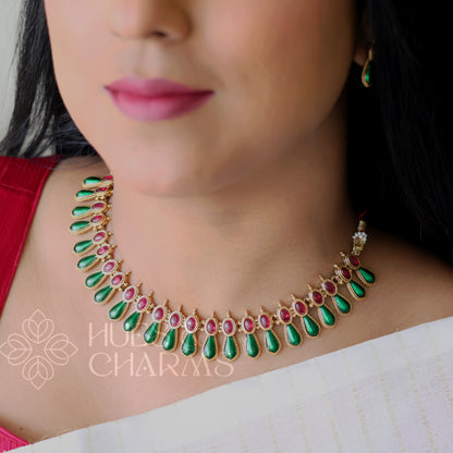 TRADITIONAL RUBY AND GREEN PALAKKA NECKLACE SET
