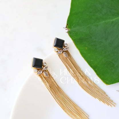 GOLDEN TASSEL GLOSSY STATEMENT EARRINGS (COLOURS AVAILABLE)