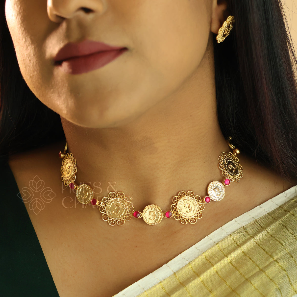 TRADITIONAL RUBY COIN NECKPIECE SET| GOLD PLATED (NON IDOL VERSION)