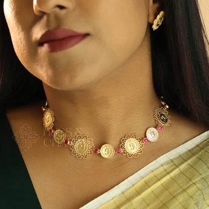 TRADITIONAL RUBY COIN NECKPIECE SET| GOLD PLATED (NON IDOL VERSION)