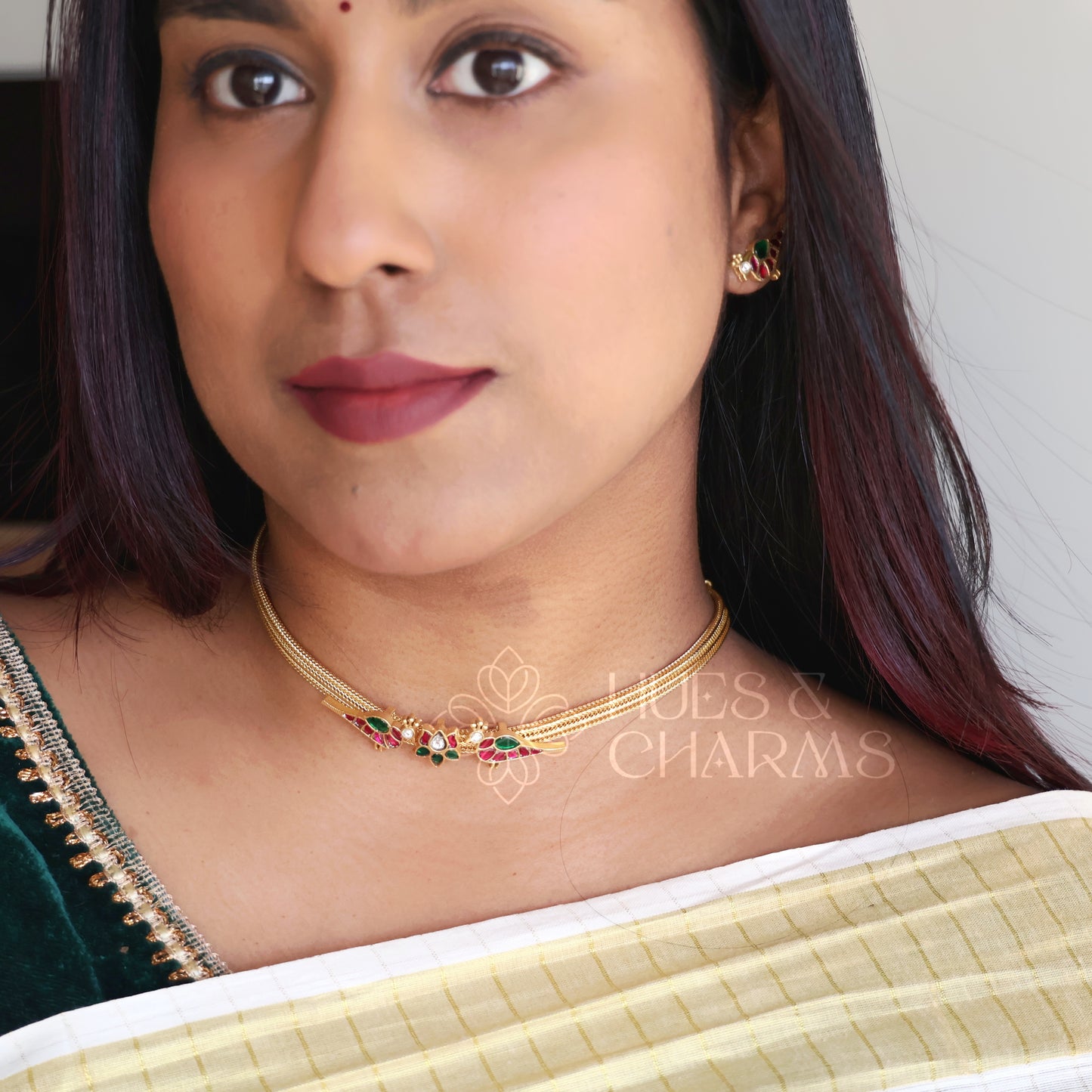 GOLDEN LOTUS & PARROT JADAU CHOKER SET | PREMIUM JEWELLERY