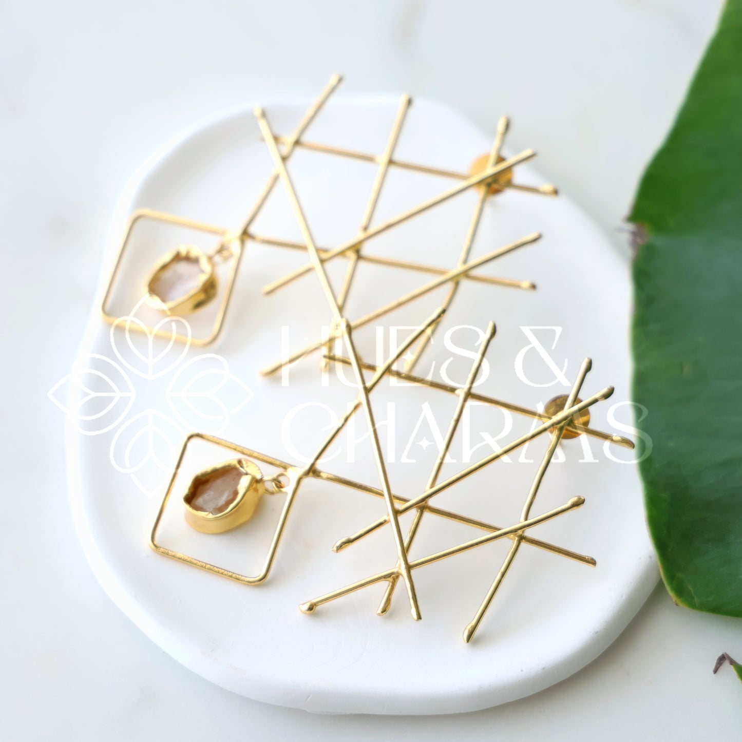 GOLDEN RAW STONE GRID DROPS EARRINGS (Colours available)