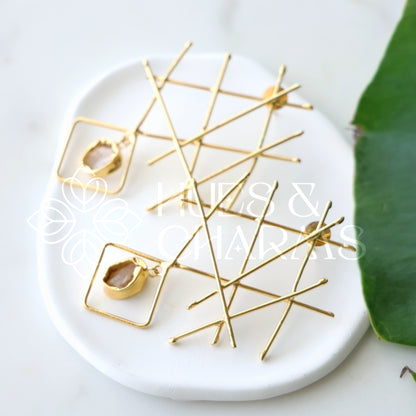 GOLDEN RAW STONE GRID DROPS EARRINGS (Colours available)