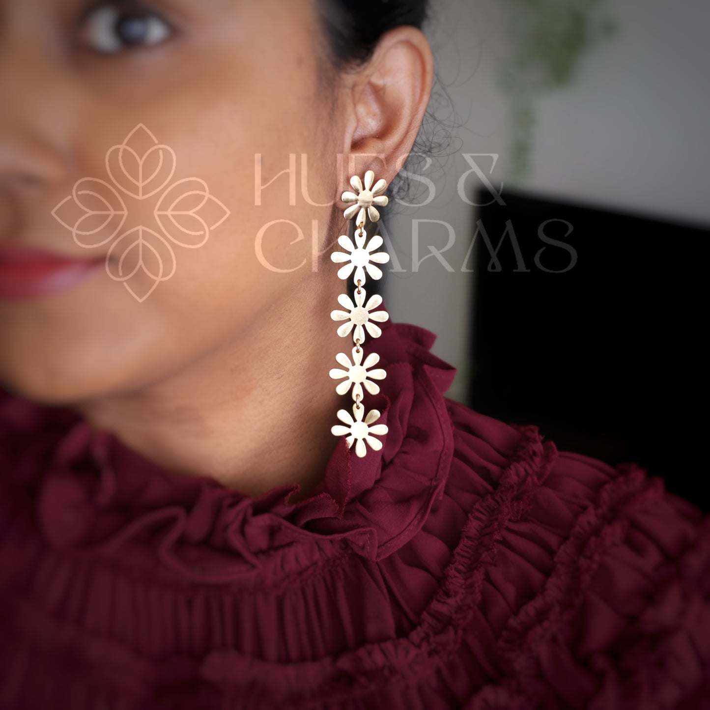 GOLDEN DAISY FLOWER 5 LAYER DROP EARRINGS