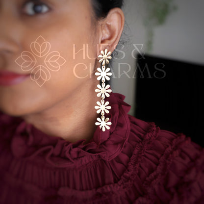 GOLDEN DAISY FLOWER 5 LAYER DROP EARRINGS