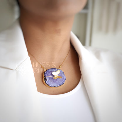 AGATE  STONE WITH BUTTERFLY X FLOATING NECKPIECE (COLOURS AVAILABLE)