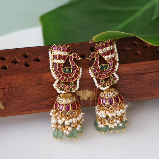 GOLDEN STATEMENT KEMP MAYURA JHUMKA WITH PEARLS | PREMIUM JEWELLERY