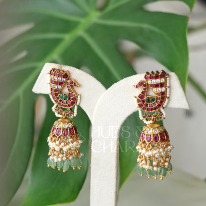 GOLDEN STATEMENT KEMP MAYURA JHUMKA WITH PEARLS | PREMIUM JEWELLERY