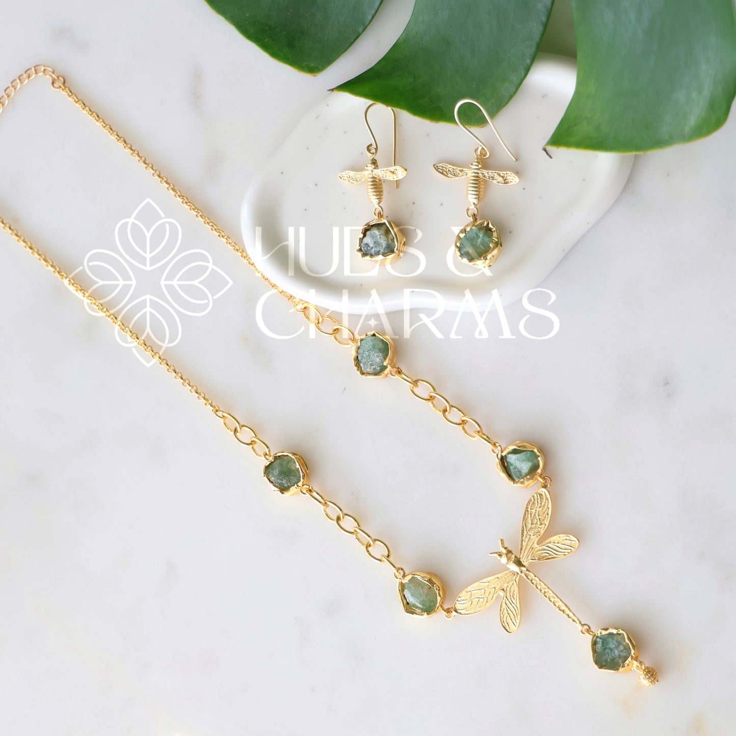 GOLDEN RAW STONE ENCHANTED DRAGONFLY NECKLACE SET (Colours available)