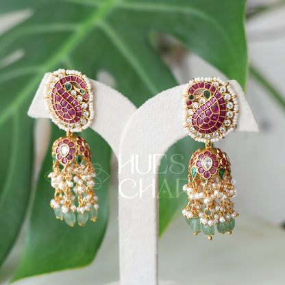 GOLDEN STATEMENT MAYURINI KEMP RAGA JHUMKA WITH PEARLS| PREMIUM JEWELLERY