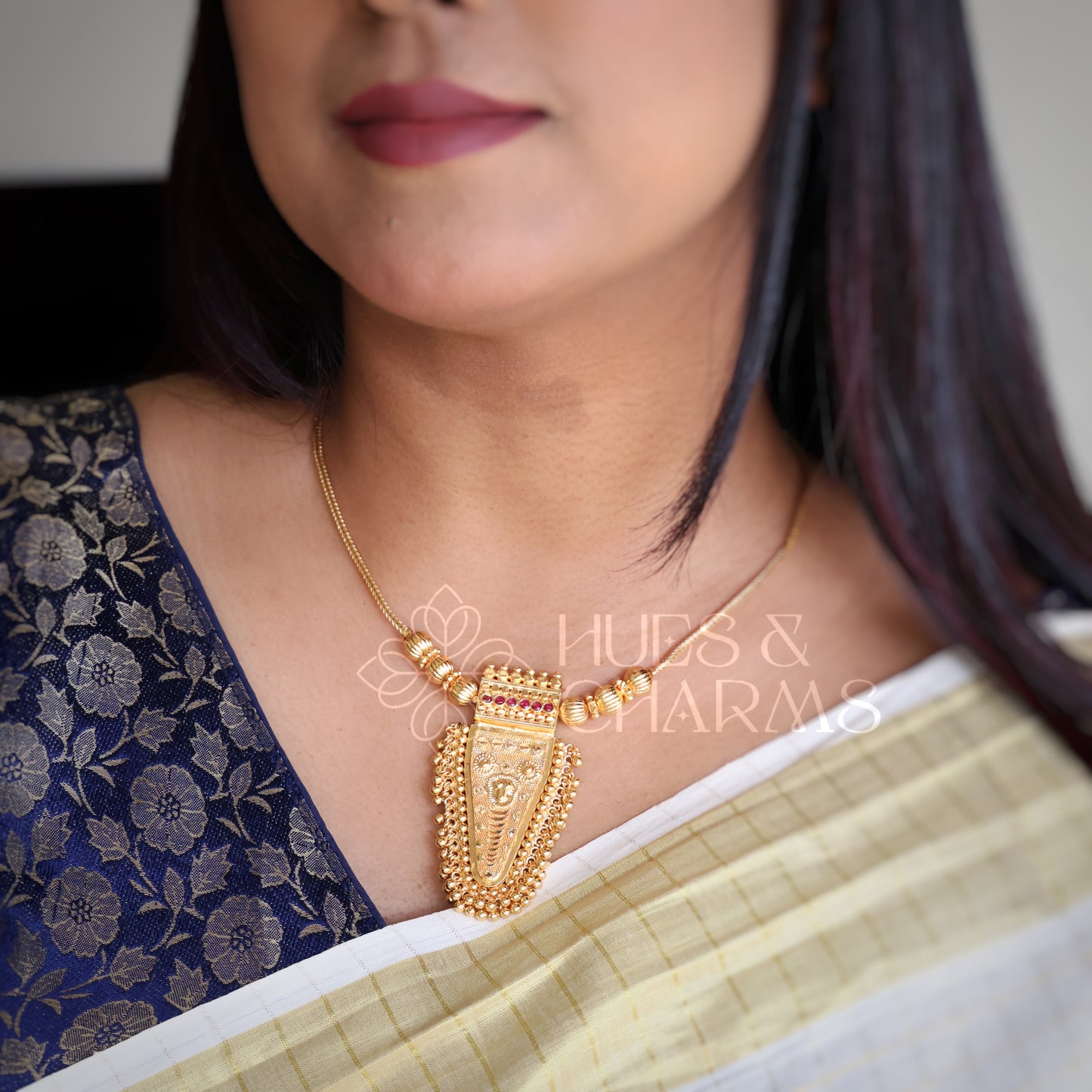 GOLD PLATED POORAM NETTIPATAM PENDANT NECKLACE | GOLD PLATED