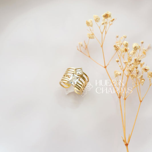 GOLDEN  DUAL STONE STATEMENT ADJUSTABLE RING