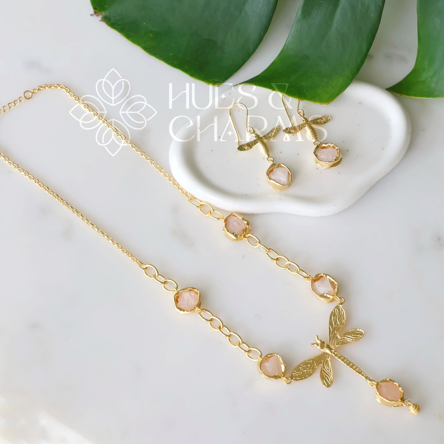 GOLDEN RAW STONE ENCHANTED DRAGONFLY NECKLACE SET (Colours available)