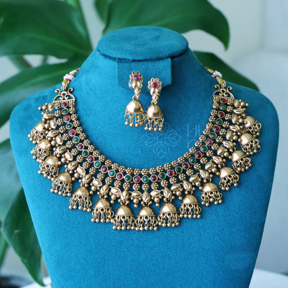 GOLDEN STATEMENT JHUMKA NECKLACE SET (COLOURS AVAILABLE)