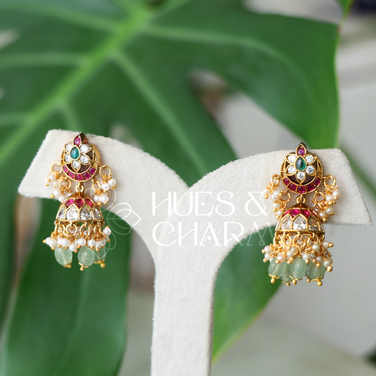 GOLDEN  ANVIKA KUNDAN  KEMP JHUMKA WITH PEARLS | PREMIUM JEWELLERY
