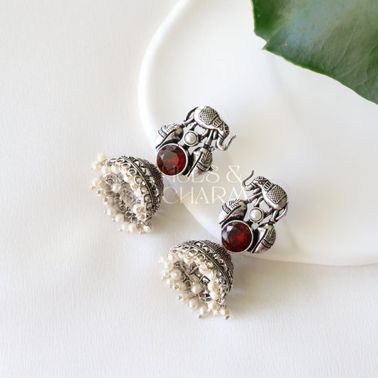 OXIDIZED HATHI JHUMKA EARRINGS WITH CLUSTER PEARLS