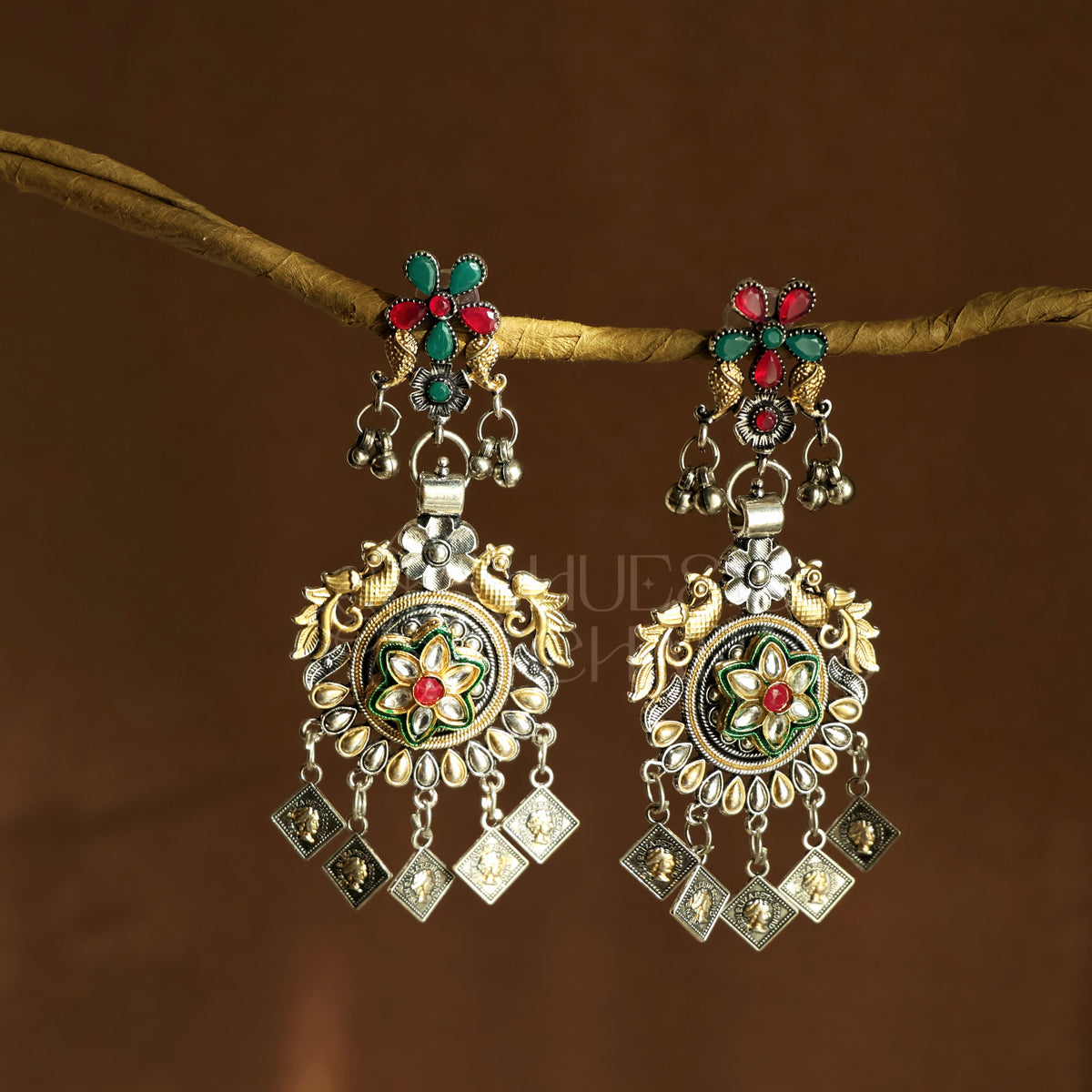 OXIDIZED DUAL TONE PHOOL MAYURI EARRINGS