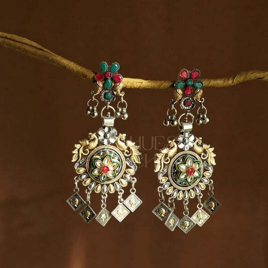 OXIDIZED DUAL TONE PHOOL MAYURI EARRINGS