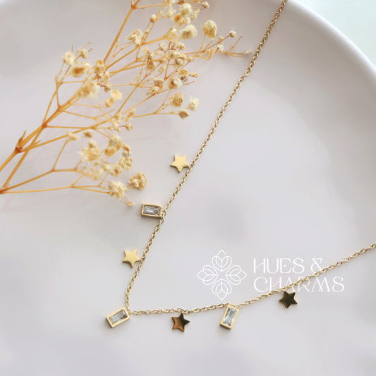 GOLDEN STAR AND RECTANGLE STONES CHARM NECKPIECE
