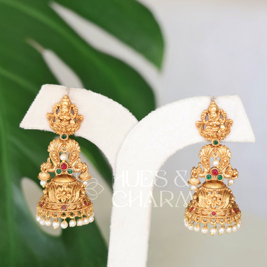 GOLDEN SUVARNA DEVI JHUMKAS WITH PEARLS