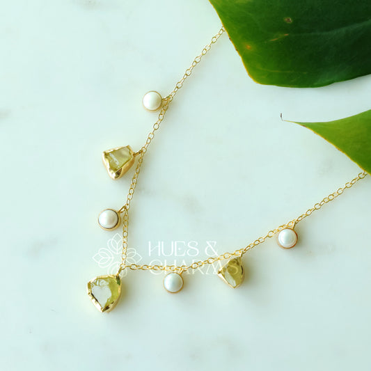 RAW STONE WITH PEARL DROPS NECKPIECE- LEMON QUARTZ