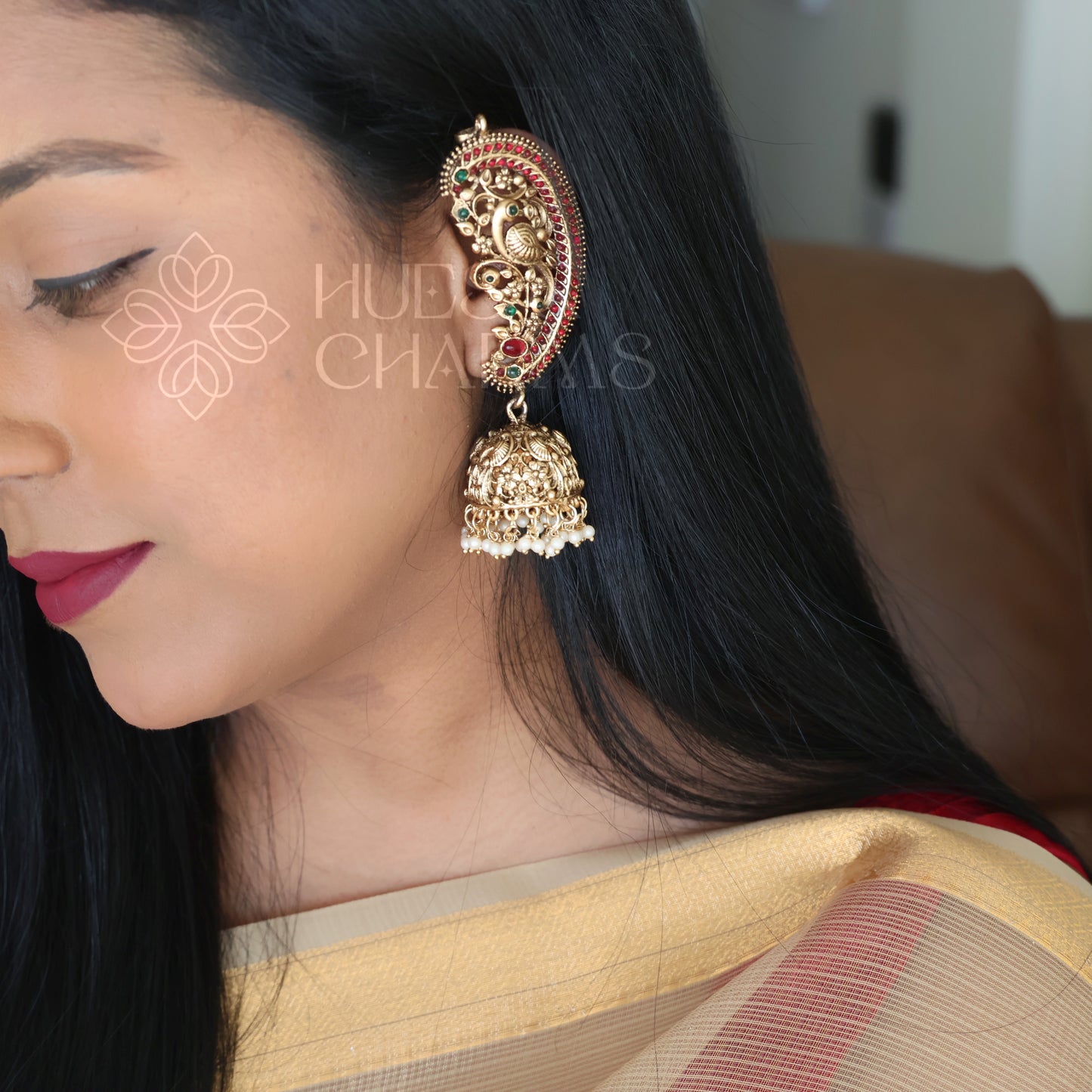 GOLDEN STATEMENT MAYURA EAR CUFF JHUMKAS WITH PEARLS