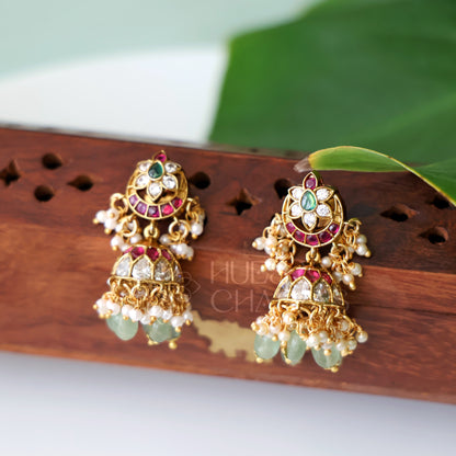 GOLDEN  ANVIKA KUNDAN  KEMP JHUMKA WITH PEARLS | PREMIUM JEWELLERY