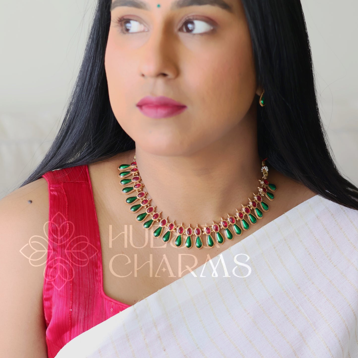 TRADITIONAL RUBY AND GREEN PALAKKA NECKLACE SET