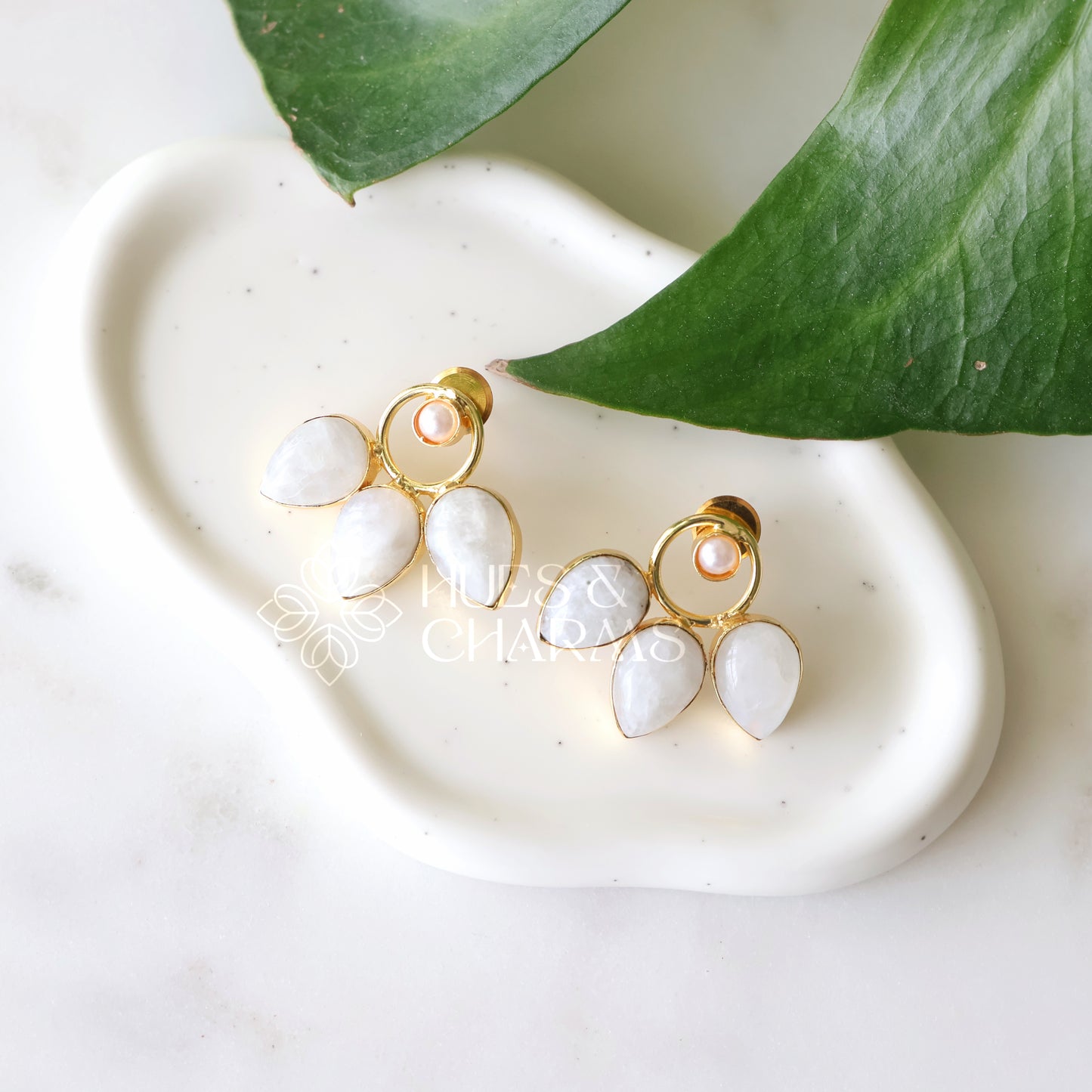 GOLDEN FLORA RAW STONE DROP EARRINGS WITH PEARL (COLOURS AVAILABLE)