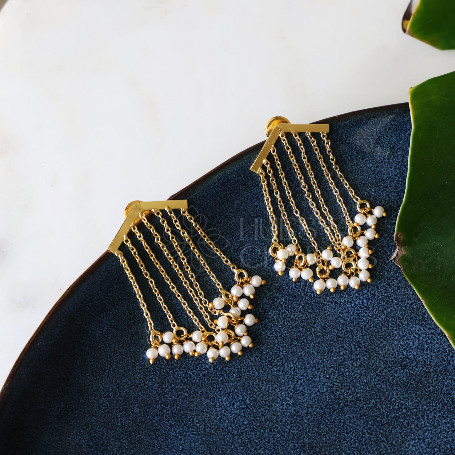 GOLDEN PEARL LAYERED DANGLER STATEMENT EARRINGS