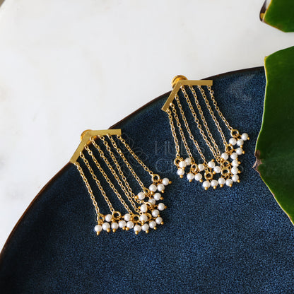 GOLDEN PEARL LAYERED DANGLER STATEMENT EARRINGS