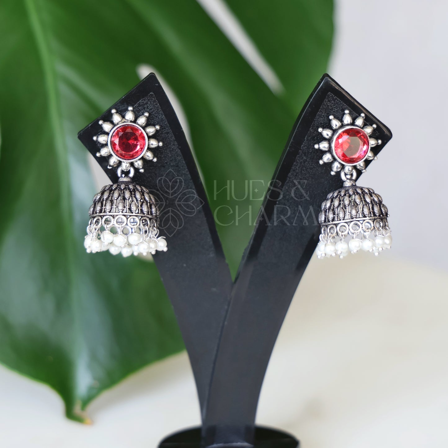 OXIDISED FLORA JHUMKAS WITH CLUSTER PEARLS( COLOURS AVAILABLE )