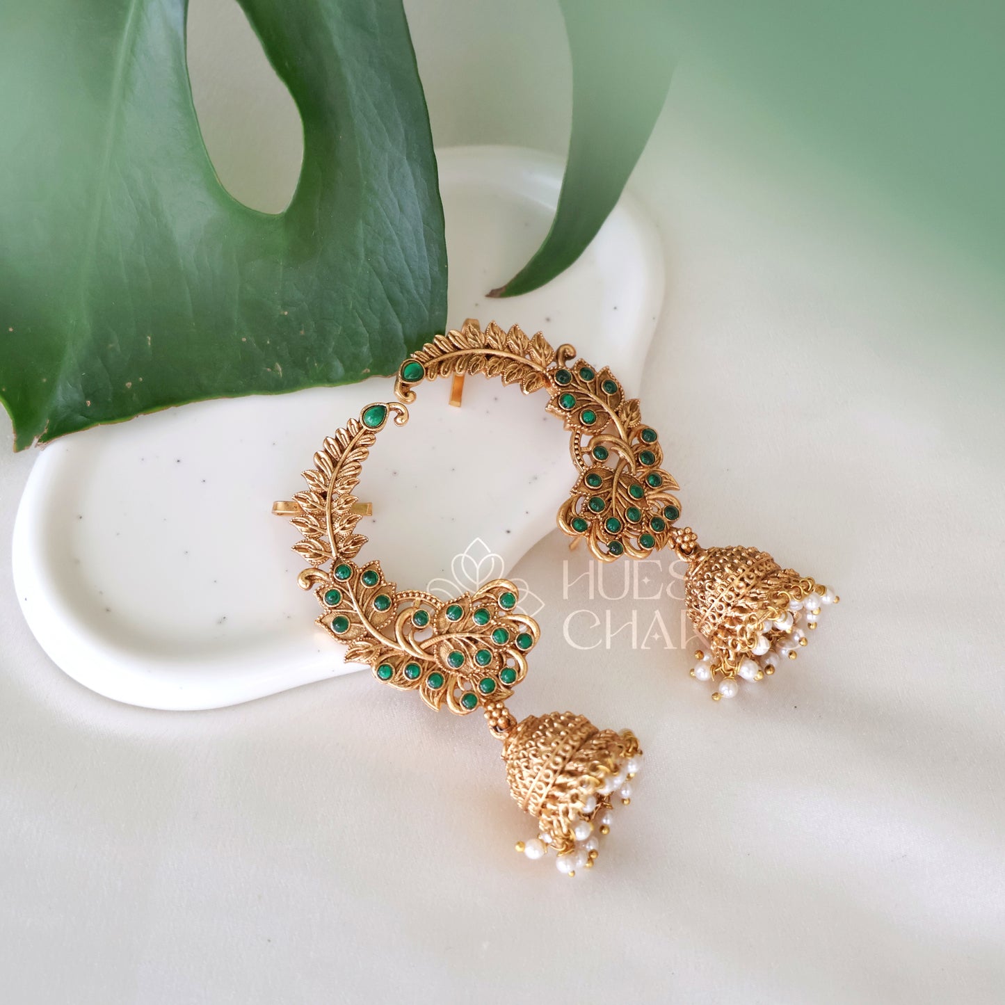 GOLDEN KANKA LEAF EAR CUFF JHUMKAS WITH PEARLS (COLOURS AVAILABLE)