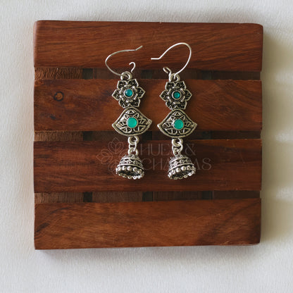 OXIDIZED FLOWER JUMKA EARRINGS- GREEN