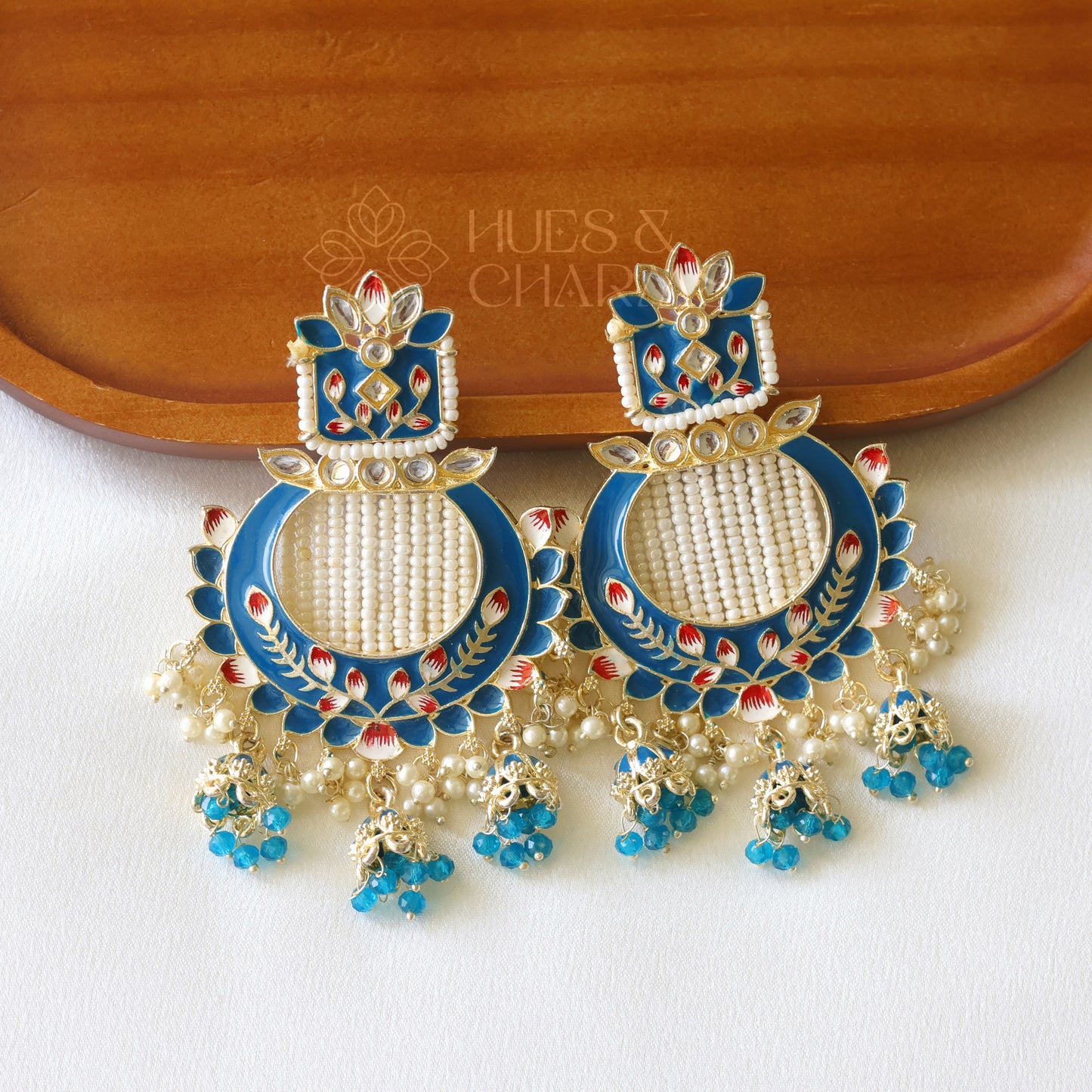 MEENAKARI EARRINGS WITH TRI JHUMKA  - SKY BLUE