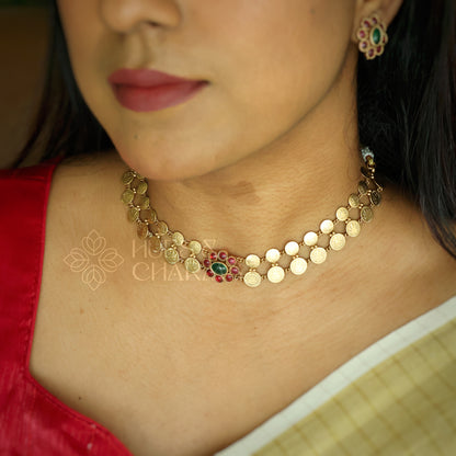 GOLDEN SOWBHAGYA LAKSHMI COIN CHOKER SET (Colours available)